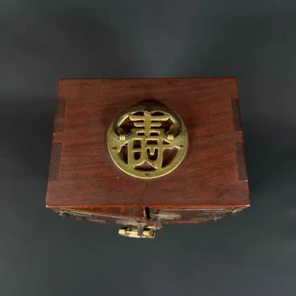 Vintage Chinese Dressing Case Jewelry Box Wood Brass Lined 4 Drawer